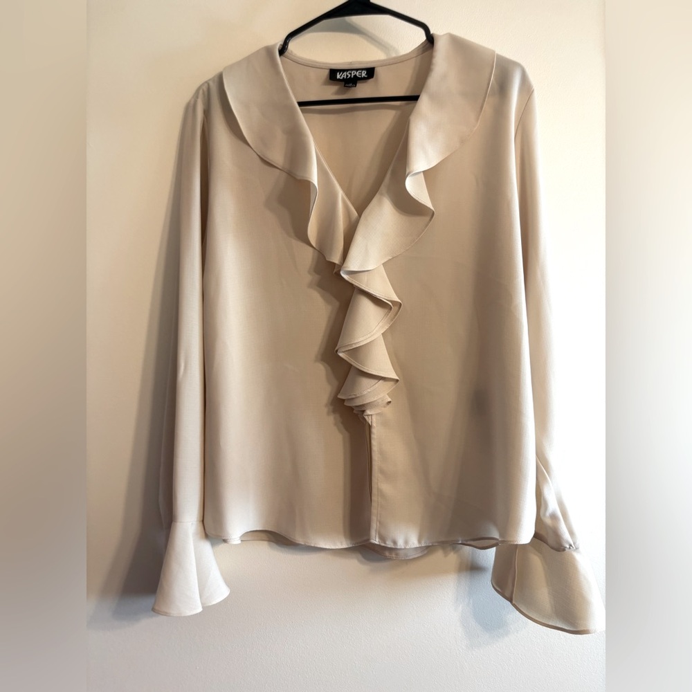 Kasper Tan Cream Bell Sleeve Ruffled Blouse